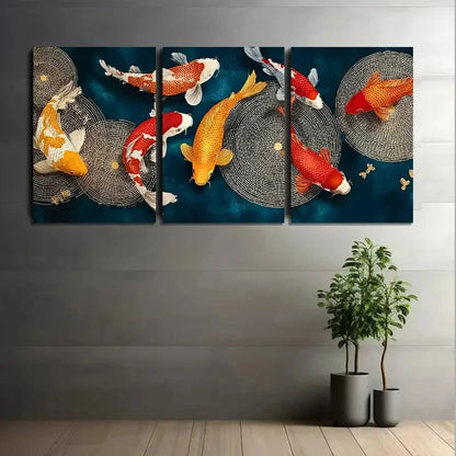 3pcs Koi Fish Vibrant Orange White Blue Metal Print Ready to Hang Art - Bella Home Decor