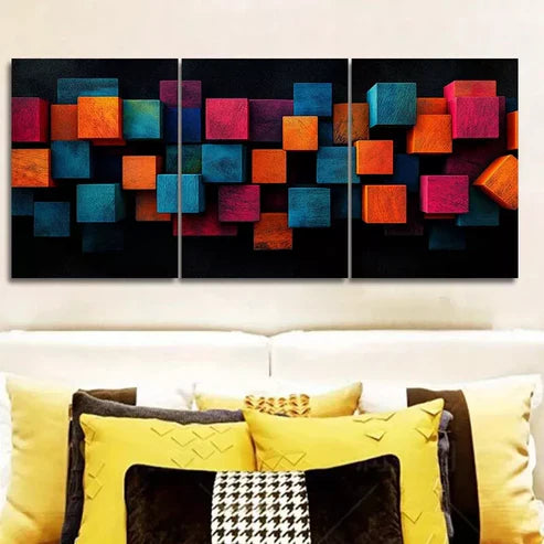 3 PCS Art Deco Modern Colorful Cubes Wall Art Set Canvas Unframed - High Quality Print 100% Australian Made Wall Canvas - Bella Home Decor