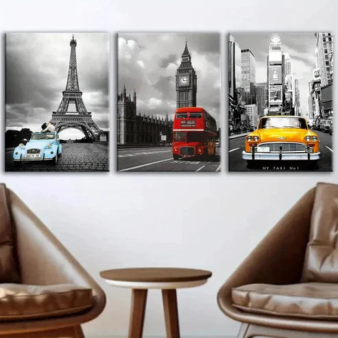 3pcs Eiffel Towers Big Ben & NYC Scenes Vintage Wall Art Set Canvas Unframed - High Quality Print 100% Australian Made Wall Canvas - Bella Home Decor