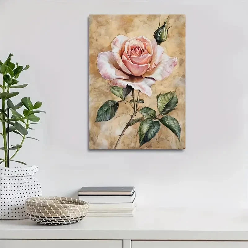 Elegant Rose with Green Leaves Painting 40x60cm Metal Print Ready to Hang