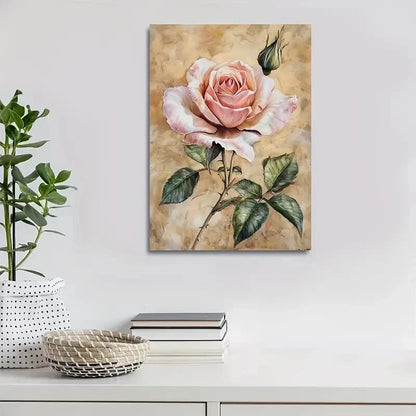 Elegant Rose with Green Leaves Painting 40x60cm Metal Print Ready to Hang
