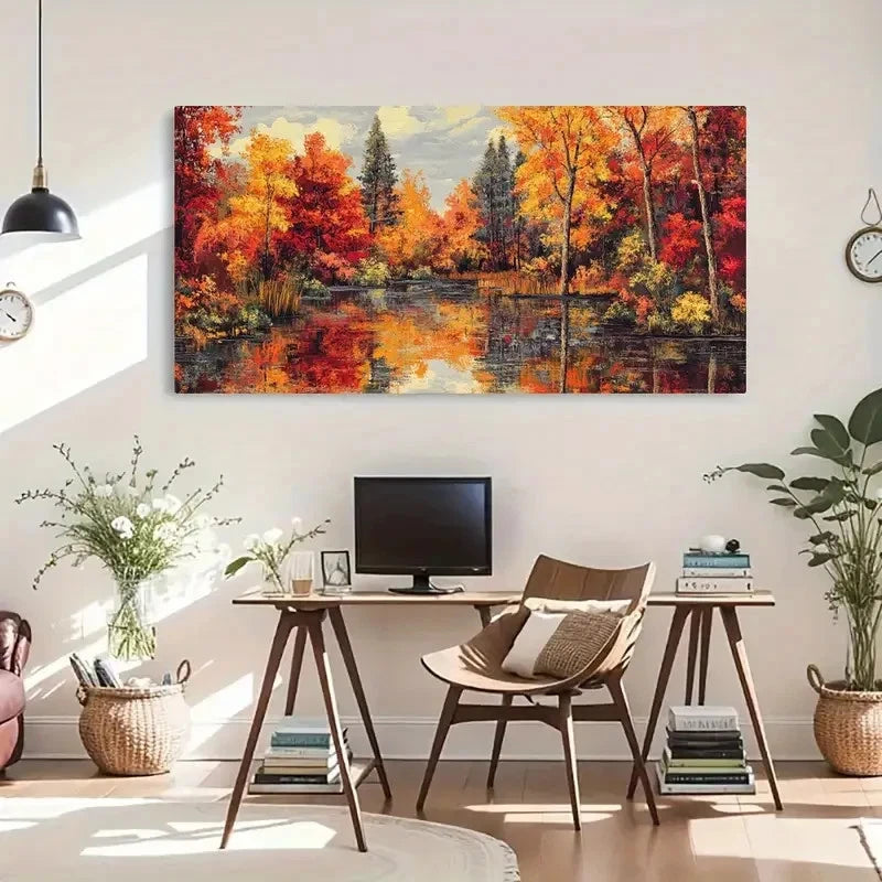 Water Reflection Autumn Foliage Wall Art Canvas Office Home Room Framed 120x60cm - Bella Home Decor
