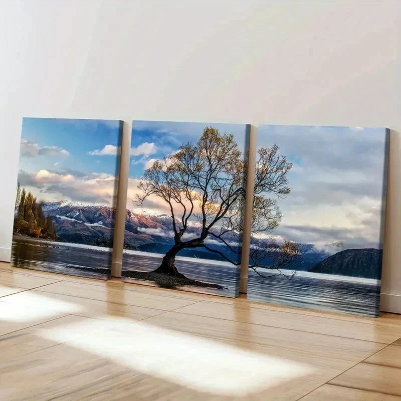 3pcs Blue Sky White Clouds and Trees Wall Art Set Canvas Framed 50x70cm - High Quality Print 100% Australian Made Wall Canvas Ready to Hang - Bella Home Decor