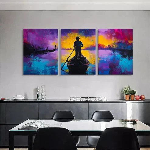 3pcs Gondola at Sunset Vibrant Venetian Perfect Wall Art Set Canvas Unframed - High Quality Print 100% Australian Made Wall Canvas - Bella Home Decor