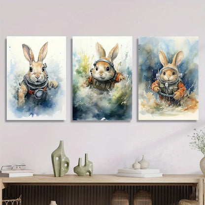 3pcs Blue Green Brown Bunny Wearing Dresses Metal Print Ready to Hang Art