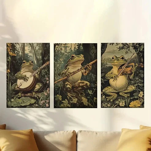 3pcs Frogs Playing Musical Instruments in Forest Wall Art Set Canvas Unframed – High Quality Print 100% Australian Made Wall Canvas - Bella Home Decor