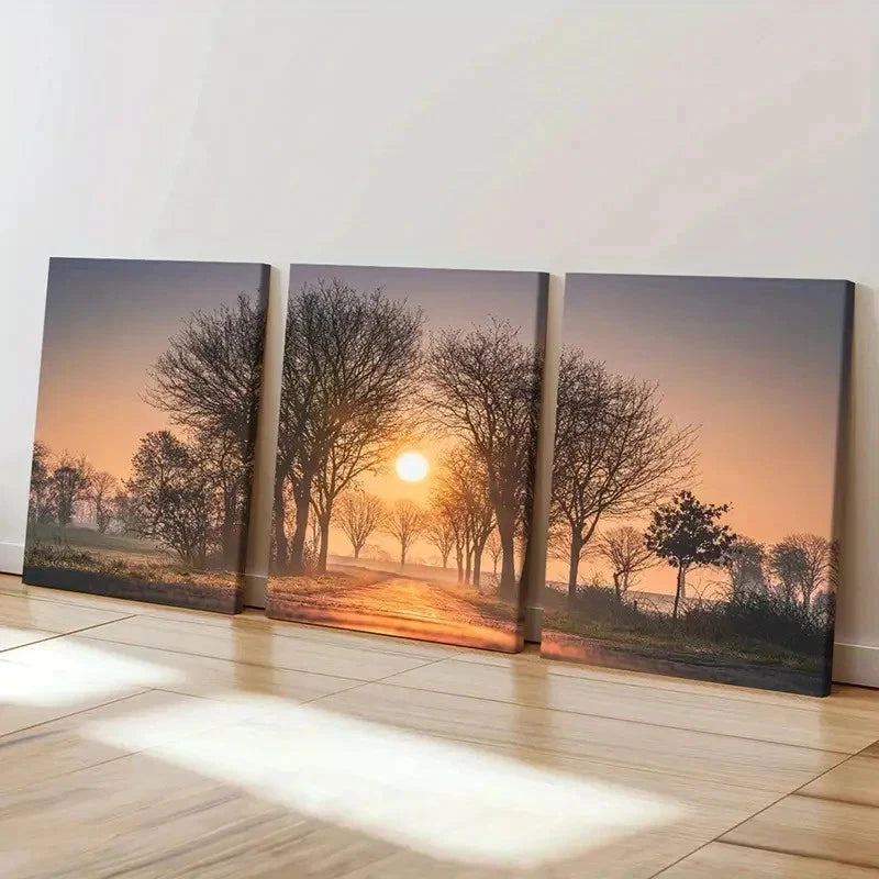 3pcs Sunset Through Trees Painting Wall Art Set Canvas Framed 60x90cm - High Quality Print 100% Australian Made Wall Canvas Ready to Hang - Bella Home Decor