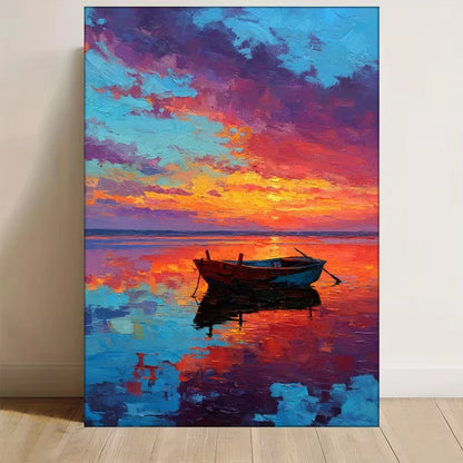 Vibrant Sunset Boat Scene, Nautical Metal Print Ready to Hang