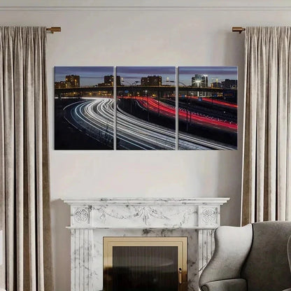 3pcs City Road Night Scene Traffic Flow Wall Art Set Canvas Framed 50x70cm - High Quality Print 100% Australian Made Wall Canvas Ready to Hang - Bella Home Decor