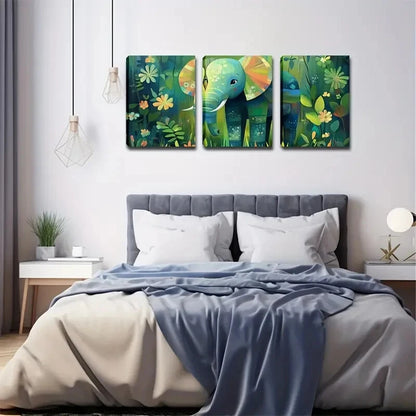 3pcs Elephant Walking in Rainforest Tropical Wall Art Set Canvas Framed 50x70cm - High Quality Print 100% Australian Made Wall Canvas Ready to Hang