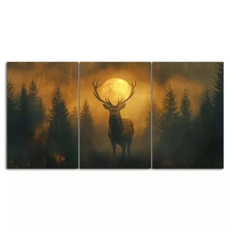Mysterious Red Deer Stag Standing in a Foggy Forest 3 Pcs Canvas Framed 40x60cm - High Quality Print 100% Australian Made Wall Canvas Ready to Hang - Bella Home Decor