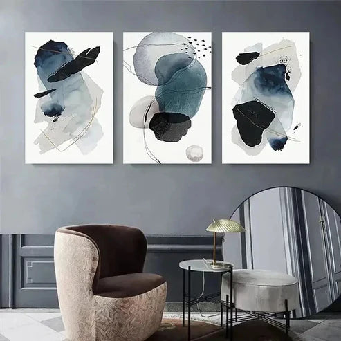 3pcs Blue & Black Shapes with Golden Accents  Art Set Canvas Unframed - High Quality Print 100% Australian Made Wall Canvas - Bella Home Decor
