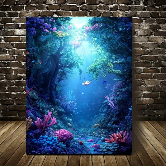 Whimsical Rabbit Swimming Under Coral Reef Painting 40x60cm Metal Print Ready to Hang - Bella Home Decor
