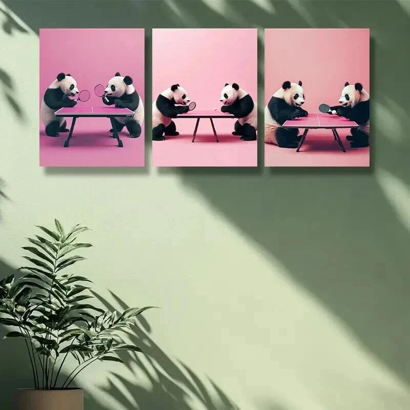 3pcs Adorable Panda Playing Table Tennis Wall Art Set Canvas Framed 50x70cm - High Quality Print 100% Australian Made Wall Canvas Ready to Hang