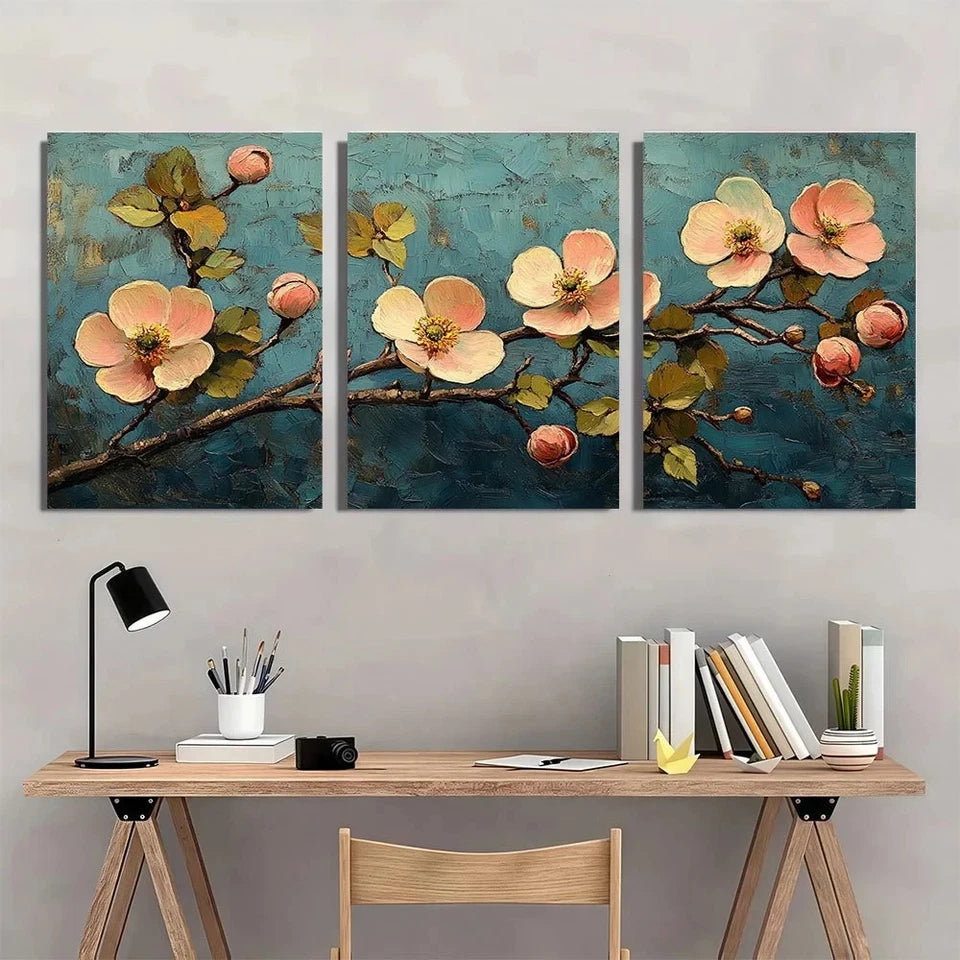 3pcs Vintage Gogh Inspired Gray & Green Floral Wall Art Set Canvas Framed 60x90cm - High Quality Print 100% Australian Made Wall Canvas Ready to Hang - Bella Home Decor