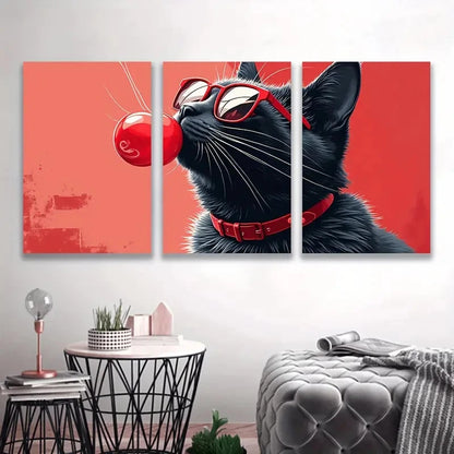 3pcs Black Cat in Fashion Glasses, Red Bow I Wall Art Set Canvas Framed 60x90cm - High Quality Print 100% Australian Made Wall Canvas Ready to Hang - Bella Home Decor