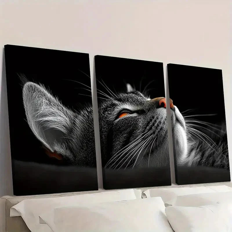 3pcs Black and White Whimsical Cat Wall Art Set Canvas Framed 60x90cm - High Quality Print 100% Australian Made Wall Canvas Ready to Hang - Bella Home Decor