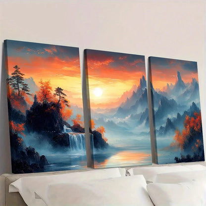 3pcs Golden Foil Chinese Mountain Scenery Wall Art Set Canvas Framed 60x90cm - High Quality Print 100% Australian Made Wall Canvas Ready to Hang - Bella Home Decor