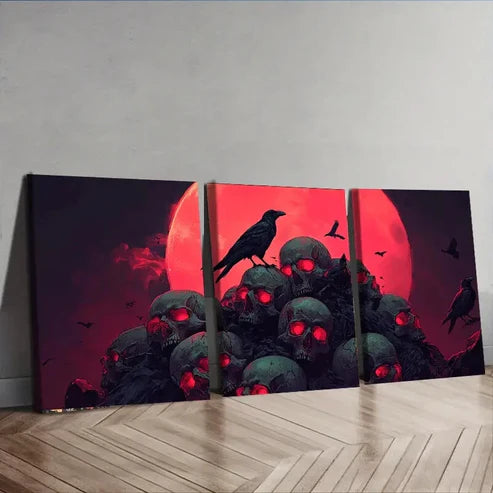3pcs Gothic Skulls and Crow Red Darkness Fear Wall Art Set Canvas Unframed - High Quality Print 100% Australian Made Wall Canvas