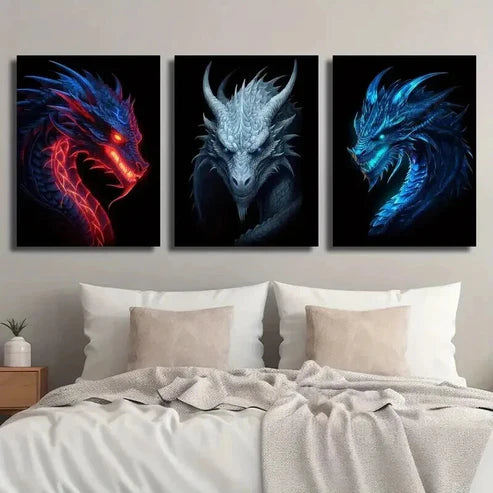 3pcs Ancient Flame Dragon with Shining Teeth Wall Art Set Canvas Unframed - High Quality Print 100% Australian Made Wall Canvas - Bella Home Decor