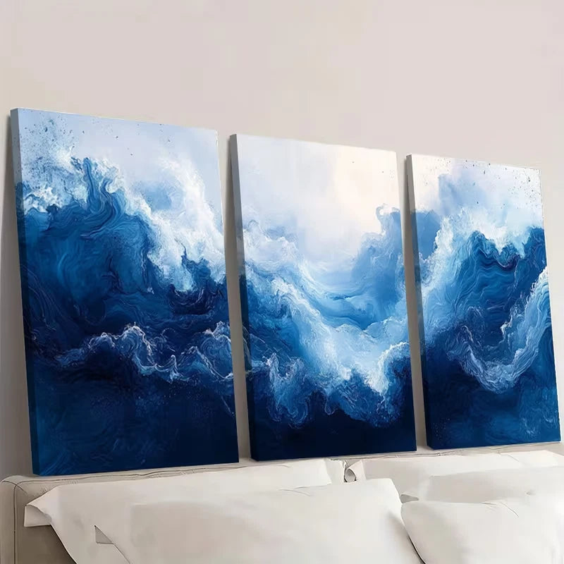 3pcs Cobalt Blue Modern Ocean Decor Painting   Wall Art Set Canvas Framed 40x60cm - High Quality Print 100% Australian Made Wall Canvas Ready to Hang - Bella Home Decor