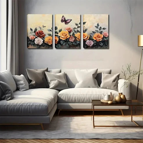 3pcs Pink Yellow Red Vintage Floral Natural Wall Art Set Canvas Unframed - High Quality Print 100% Australian Made Wall Canvas