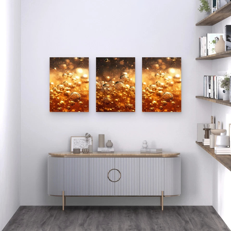 3pcs Golden Liquid With Bubbles Metal Print Ready to Hang Art