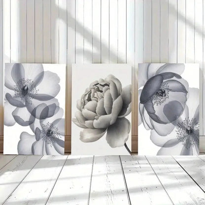 3pcs White Flower Calligraphy Wall Decor Metal Print Ready to Hang Art