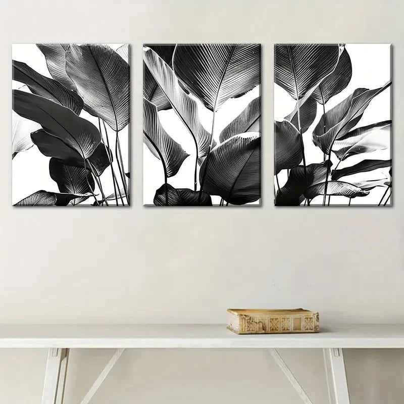 3pcs Black and White Nature Plant Leaf Theme Metal Print Ready to Hang Art - Bella Home Decor