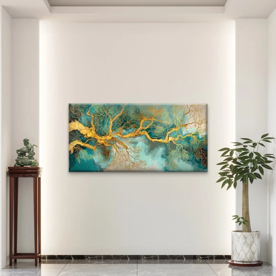 Golden Roots, An Abstract Wall Art Canvas Office Home Room Framed 120x60cm