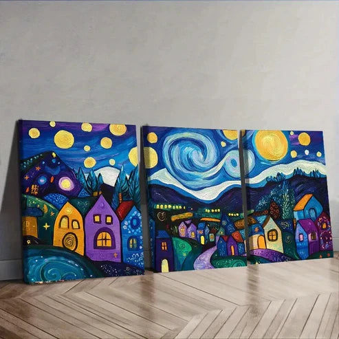 3pcs Starry Night Village Dark Moonlight Perfect Wall Art Set Canvas Unframed - High Quality Print 100% Australian Made Wall Canvas