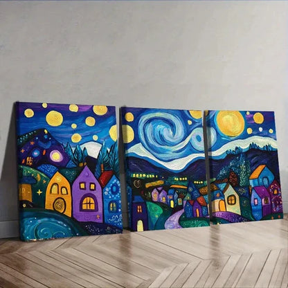 3pcs Starry Night Village Dark Moonlight Perfect Wall Art Set Canvas Unframed - High Quality Print 100% Australian Made Wall Canvas