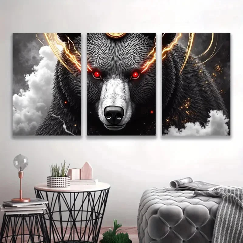 3pcs Dramatic Red & Black Bear with Flames I Wall Art Set Canvas Framed 50x70cm - High Quality Print 100% Australian Made Wall Canvas Ready to Hang - Bella Home Decor