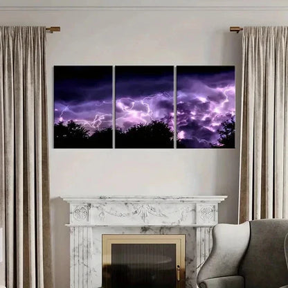 3pcs Purple Lightning Thunder Weather Wall Art Canvas Unframed - High Quality Print 100% Australian Made Wall Canvas