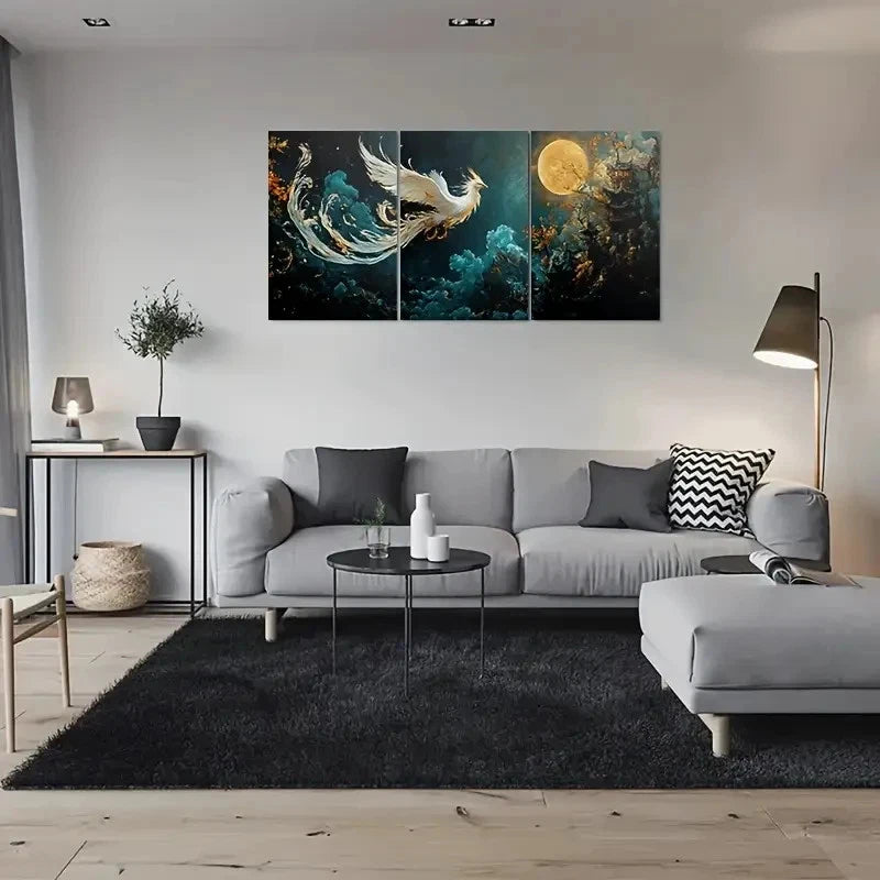 3pcs Fantasy Phoenix and Full Moon Metal Print Ready to Hang Art