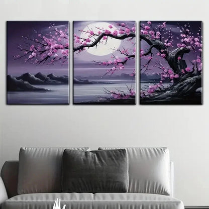 3pcs Moonlit Trees And Plum Blossoms Perfect Wall Art Set Canvas Framed 50x70cm - High Quality Print 100% Australian Made Wall Canvas Ready to Hang - Bella Home Decor
