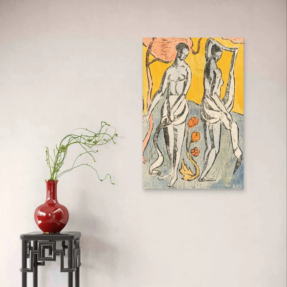Expressionist Two Figures and Flowers Abstract Metal Print Ready to Hang
