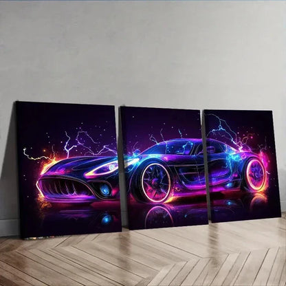 3pcs Neon Sports Car Super Colorful Dark Perfect Wall Art Set Canvas Unframed - High Quality Print 100% Australian Made Wall Canvas