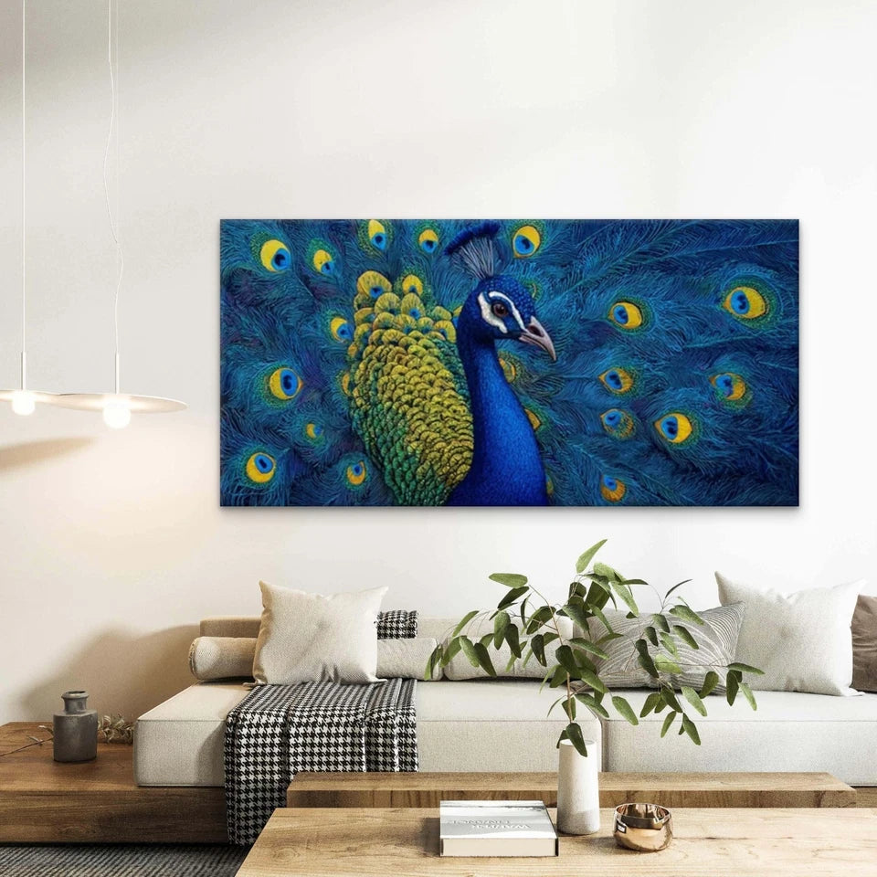 Indian Peacock with Blue Wall Art Canvas Office Home Room Framed 120x60cm