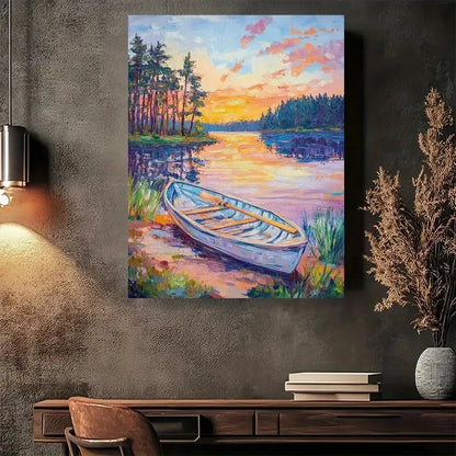 Beautiful Serene Sunset Lake Scene Modern Painting 40x60cm Metal Print Ready to Hang - Bella Home Decor
