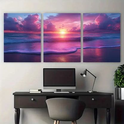 3pcs Beach Sunrise Cotton Candy Pink Perfect Wall Art Set Canvas Framed 60x90cm - High Quality Print 100% Australian Made Wall Canvas Ready to Hang - Bella Home Decor