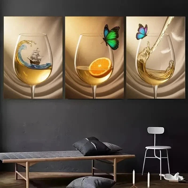 3pcs Glass, Splash, Butterfly, Ship, Orange  Wall Art Set Canvas Framed 50x70cm - High Quality Print 100% Australian Made Wall Canvas Ready to Hang - Bella Home Decor
