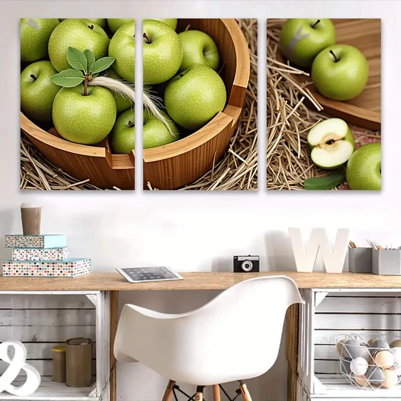 3pcs Wooden Bowl with Green Apples Wall Art Set Canvas Framed 60x90cm - High Quality Print 100% Australian Made Wall Canvas Ready to Hang