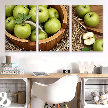 3pcs Wooden Bowl with Green Apples Wall Art Set Canvas Framed 60x90cm - High Quality Print 100% Australian Made Wall Canvas Ready to Hang