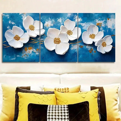3pcs White Flower on Blue Background Wall Art Set Canvas Framed 50x70cm - High Quality Print 100% Australian Made Wall Canvas Ready to Hang