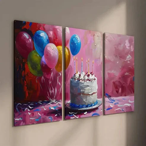 3pcs Birthday Cake and Balloon Wall Art Set Canvas Unframed - High Quality Print 100% Australian Made Wall Canvas - Bella Home Decor