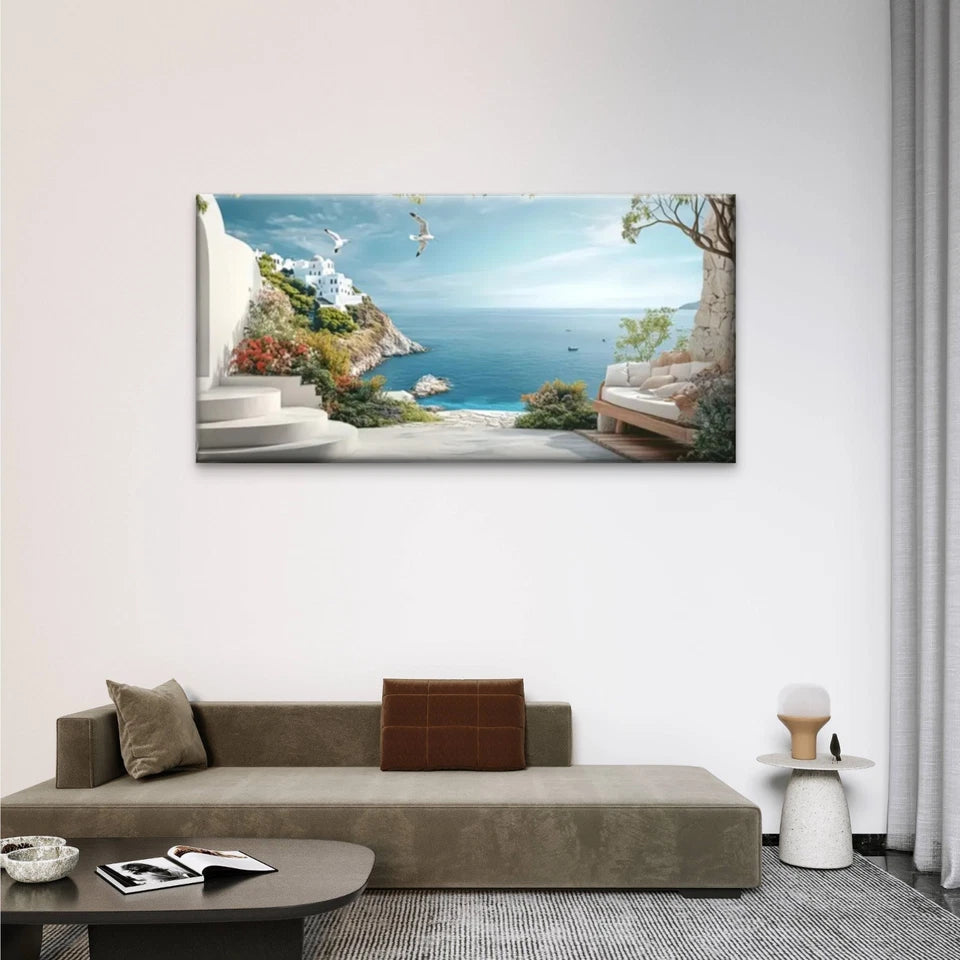 Serene Sea View White House Wall Art Canvas Office Home Room Framed 120x60cm