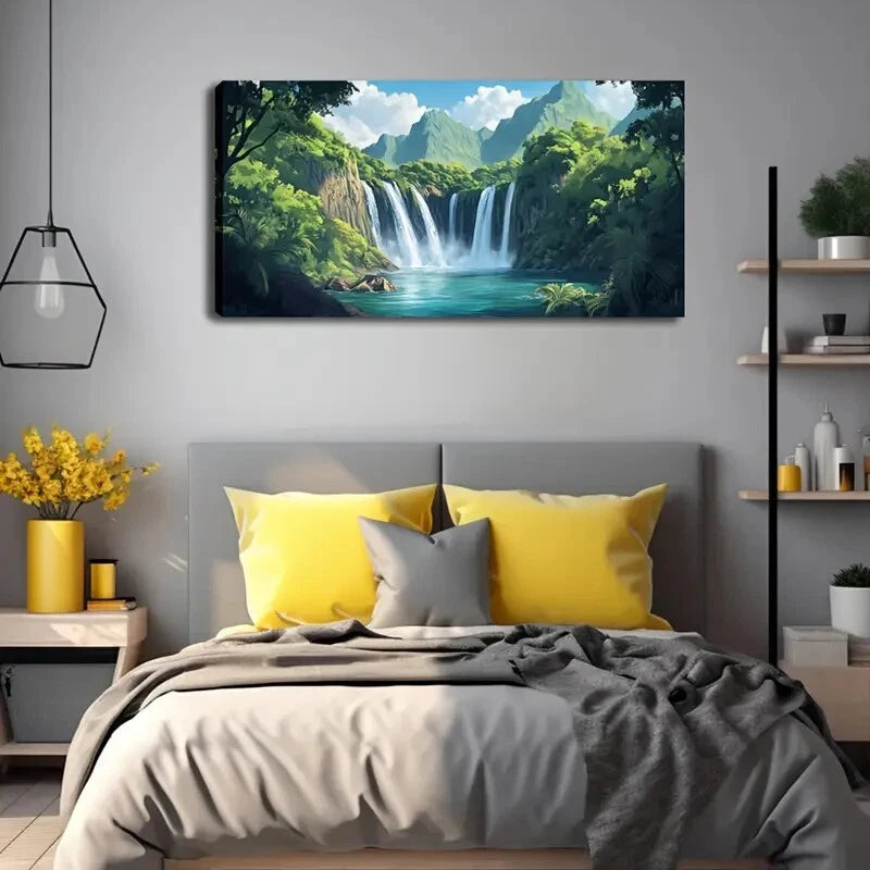 Waterfall Lush Greenery Vibrant Wall Art Canvas Office Home Room Framed 120x60cm - Bella Home Decor