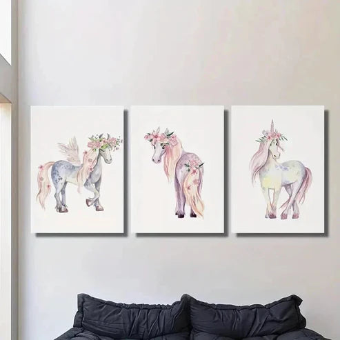 3pcs Pink Floral Unicorn Portrait Wall Art Canvas Unframed - High Quality Print 100% Australian Made Wall Canvas