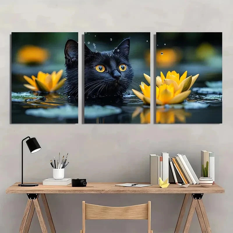 3pcs Charming Black Cat & Water Lily Metal Print Ready to Hang Art - Bella Home Decor